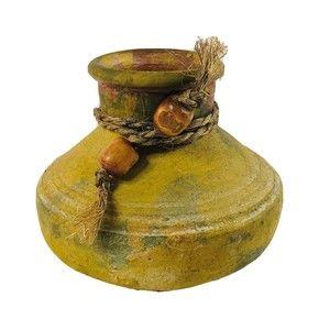 Mexican Aztec Rustic Unglazed Terra Cotta Small Seed Jar Vase Rope Beads 5.25"